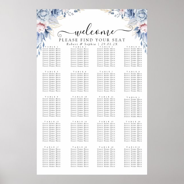 Tableau de placement floral bleu poussiéreux (Devant)
