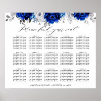 Tableau de placement floral bleu royal blanc argen