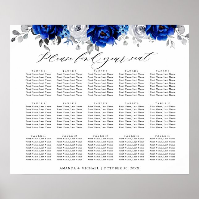Tableau de placement floral bleu royal blanc argen (Devant)