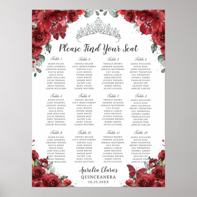 Tableau de placement floral rouge pour Quinceañera (Devant)