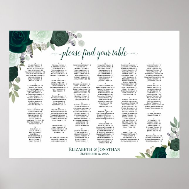 Tableau de placement floral vert émeraude alphabét (Devant)