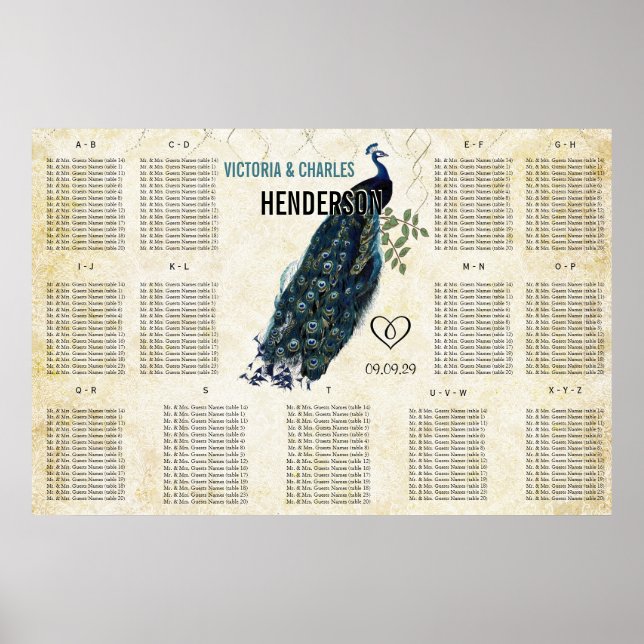 Tableau de placement Paon Moderne Vintage (Devant)