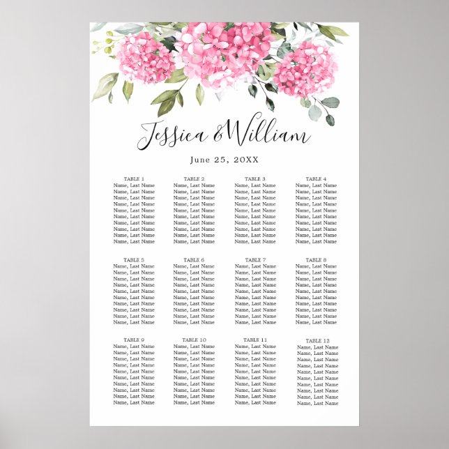 Tableau de placement Pink Hydrangea Floral 12 Tabl (Devant)