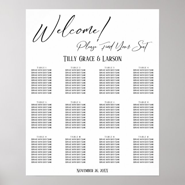 Tableau de placement simple manuscrit pour récepti (Devant)
