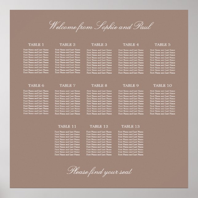 Tableau de plan de table de mariage Taupe 13 Poste (Devant)