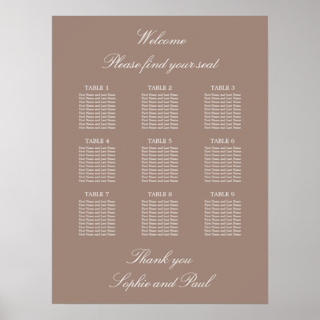 Tableau de plan de table de mariage Taupe 9 Poster (Devant)
