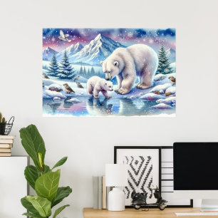 Tableau de scène enneigée de famille d'ours polair