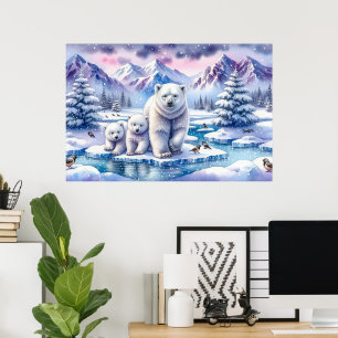 Tableau de scène enneigée de famille d'ours polair