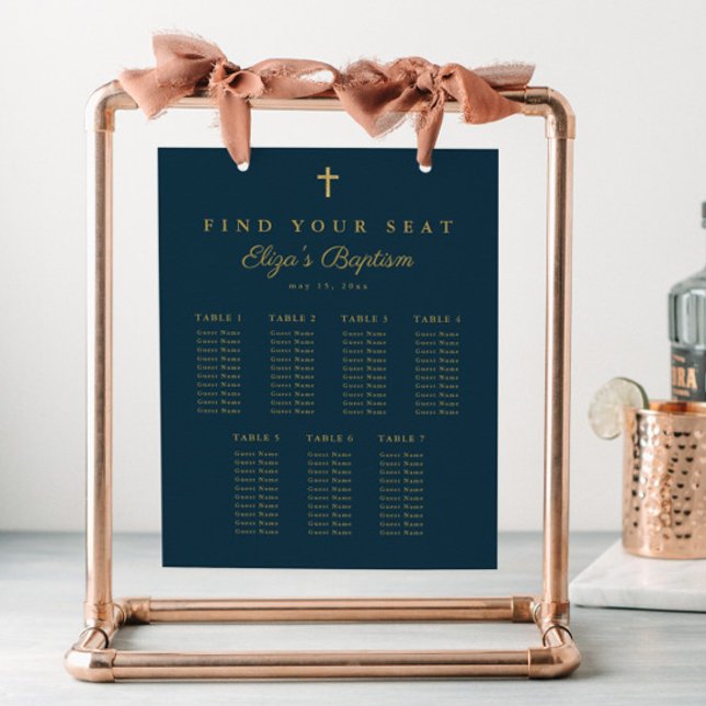 Tableau de Siège de Baptême de Croix d'Or Élégant (Simple gold cross baptism seating chart sign.)