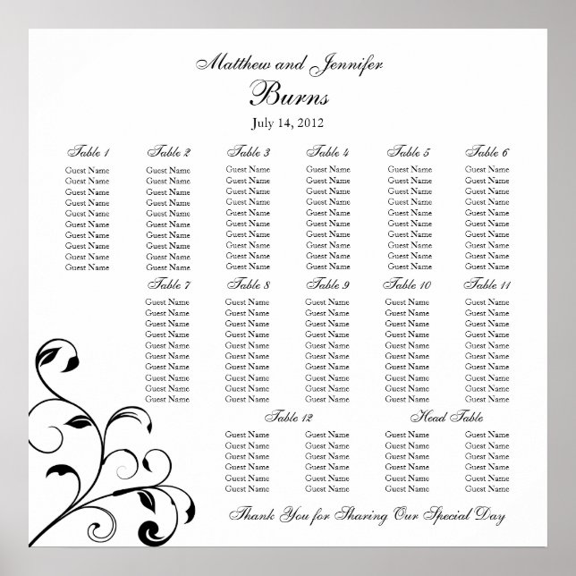 Tableau de siège de la réception de mariage noir e (Devant)