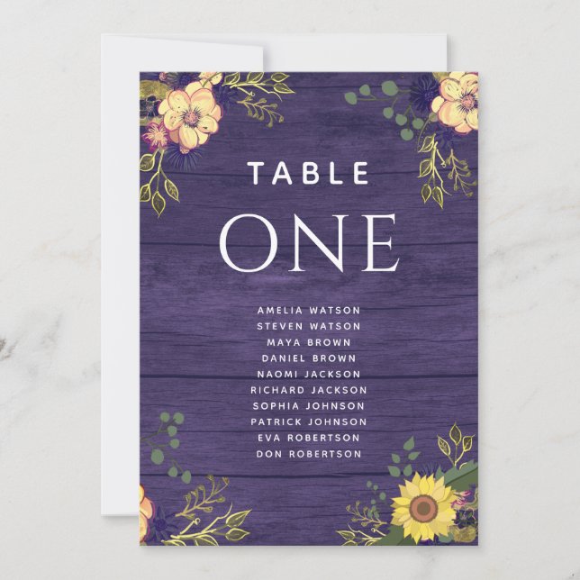 Tableau de Siège de Mariage Floral Rustique Violet (Devant)