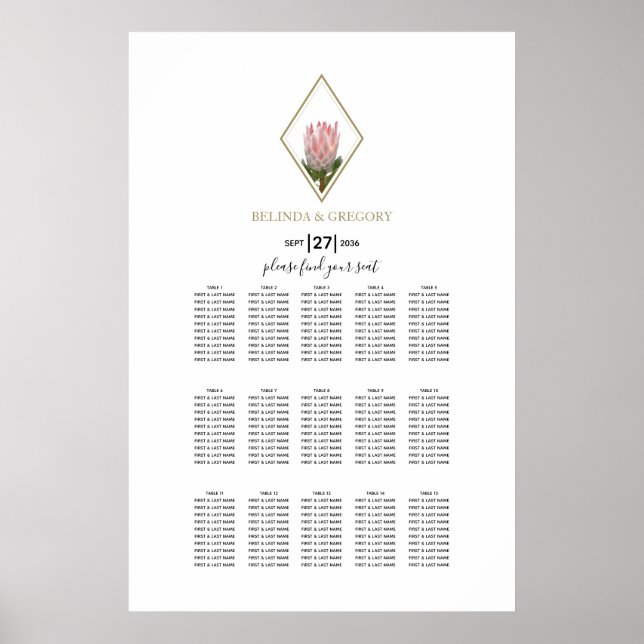 Tableau de siège du Mariage Rustic King Protea (Devant)