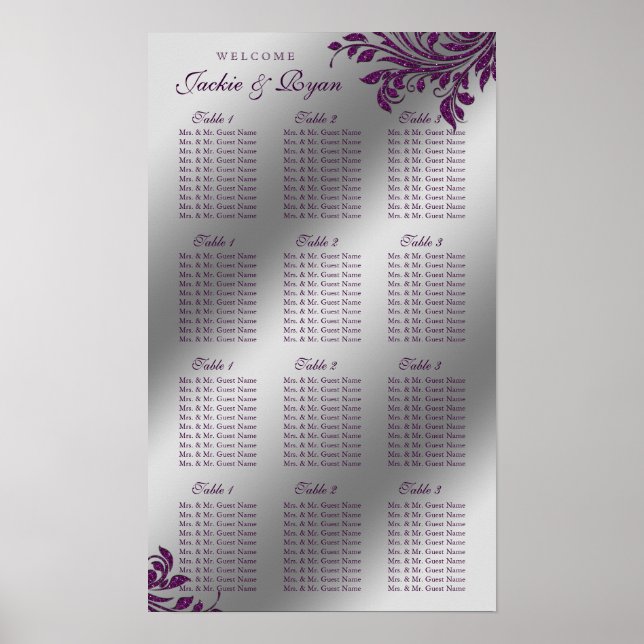 Tableau de siège mariage Argent violet Feuilles Ét (Devant)