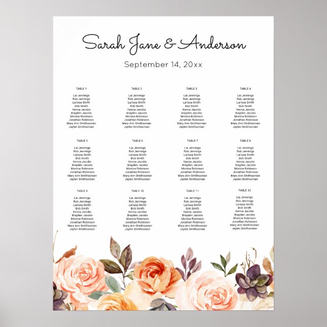 Tableau de sièges à Mariage floral rose et rose pâ (Devant)