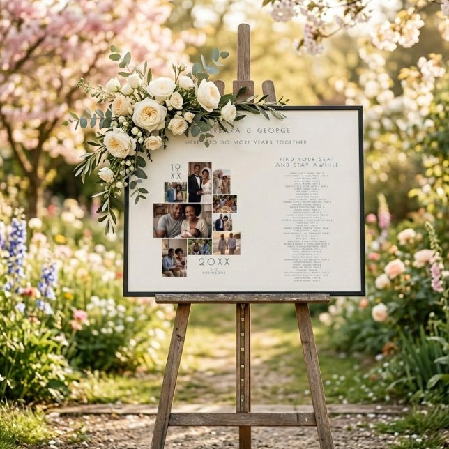 Tableau de Sièges d'Anniversaire de Photo Minimali (Modern Minimalist Anniversary Seating Chart Poster featuring a Clean Multi Photo Collage Layout.)