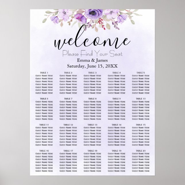 Tableau de sièges de Mariages floraux violets (Devant)