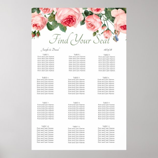 Tableau de sièges élégant à motif floral rose aux  (Devant)