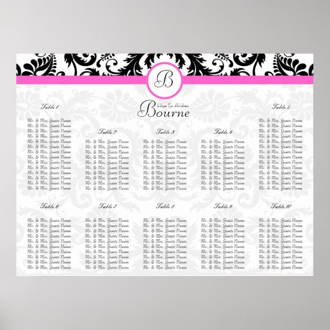 Tableau de sièges en damas noir et rose Numéros de (Devant)