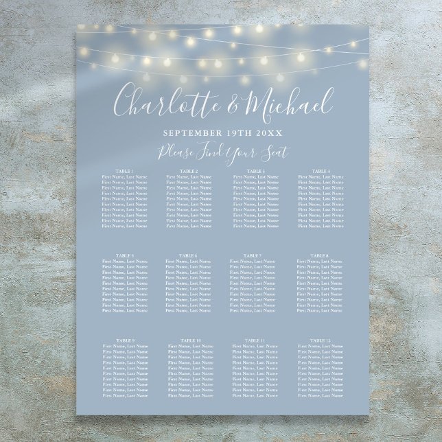 Tableau de sièges Mariage à cordes bleu foncé (Dusty Blue String Lights Wedding Seating Chart)