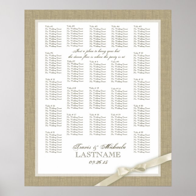 Tableau de sièges Mariage Burlap et White Bow anti (Devant)