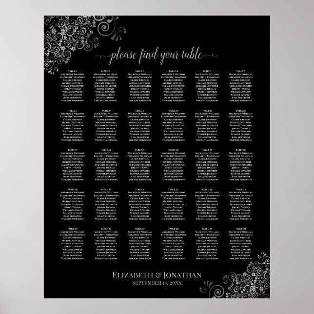 Tableau de sièges Mariage en dentelle d'argent noi (Devant)