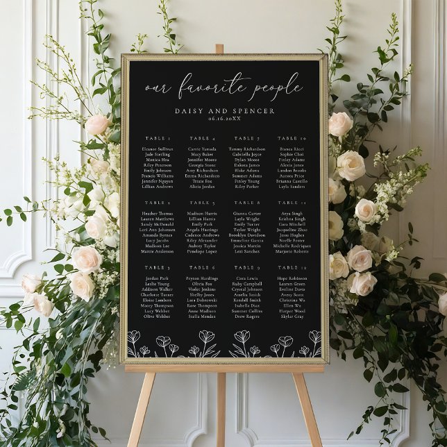 Tableau de sièges Mariage simple à floral noir (Créateur téléchargé)