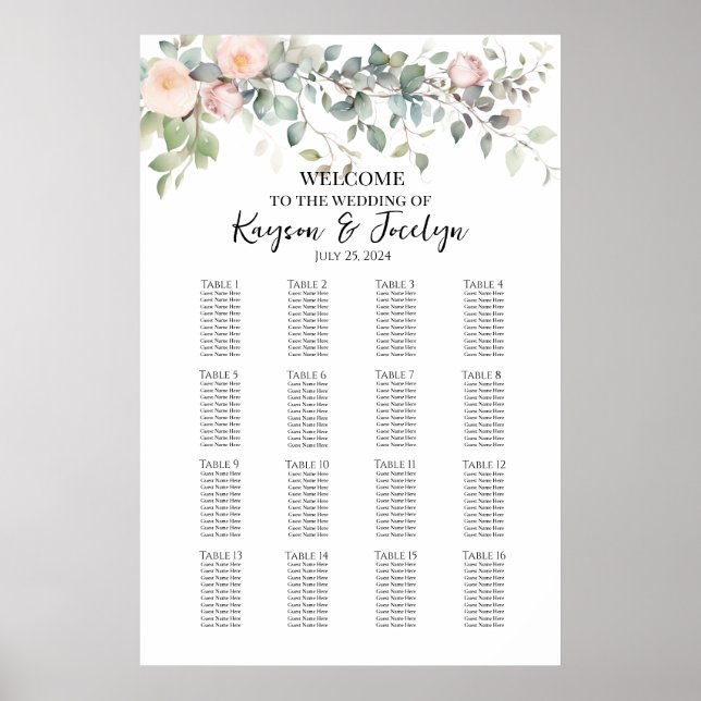 Tableau de sièges mariage vert et rose 16 tables (Devant)