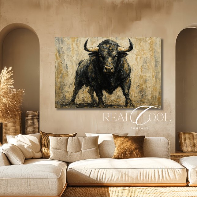 Tableau de toile d'art mural ouest taureau noir (Western Bull Wall Art Black Neutral Tones)