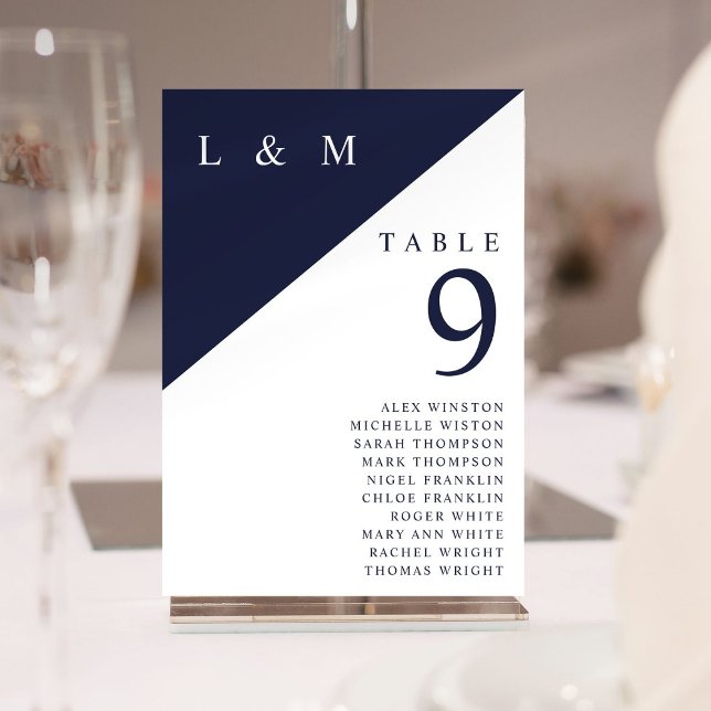 Tableau des numéros de table de la marine et du mo (Navy And White Monogram Table Number Seating Chart)