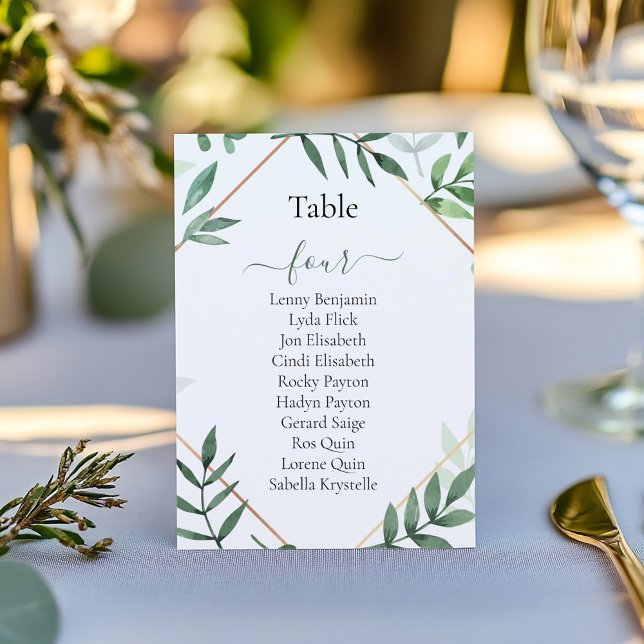 Tableau des numéros de table des feuilles verts (Pretty green leaves, geometric border wedding reception party table number, seating chart)