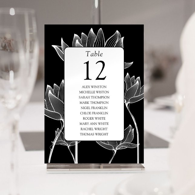 Tableau des numéros de table florale en noir et bl (Black And White Floral Table Number Seating Chart)
