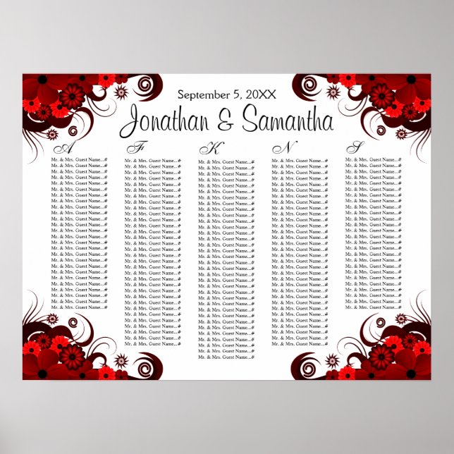 Tableau des sièges de Mariage rouge floral et blan (Devant)
