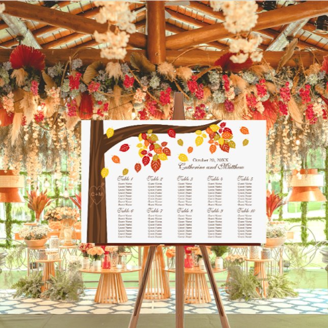 Tableau des sièges des Mariages Feuille en chute d (Autumn falling leaves wedding seating chart.)