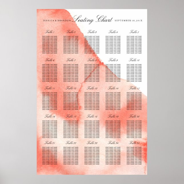 Tableau des sièges Mariages d'aquarelle par numéro (Devant)