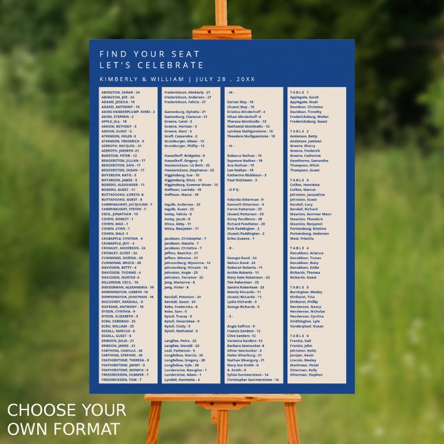 Tableau des sièges Mariages de Marseille Bleu 240  (Marseille Bleu Modern Wedding Seating Chart Alphabetical Up To 240 Guests Choose Your Own Format)