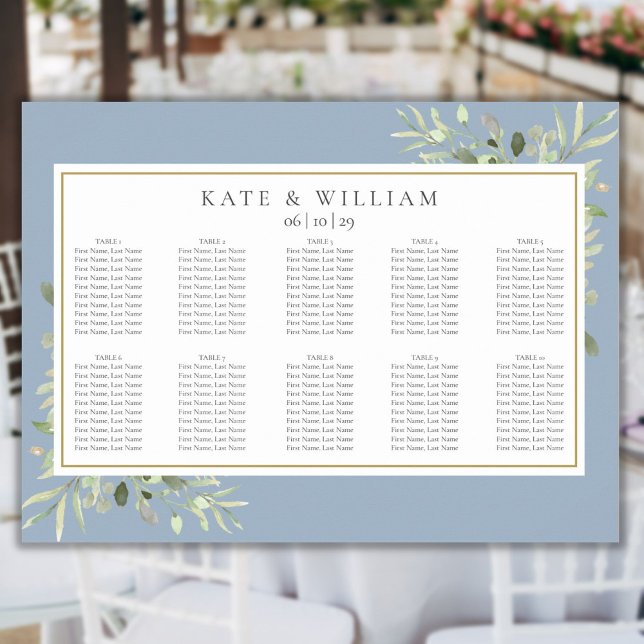 Tableau des sièges Mariages en feuillage bleu-pous (Dusty Blue Greenery Foliage Wedding Seating Chart)