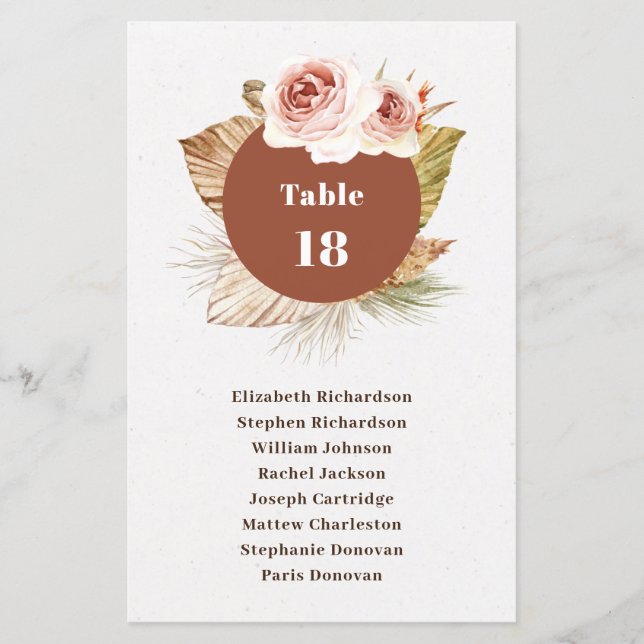 Tableau des sièges mariages fleuris du désert (Devant)