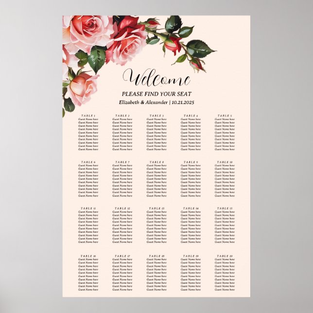 Tableau des sièges mariages rose pâle roses (Devant)