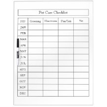Simple Pet Care Checklist Log Dry Erase Board