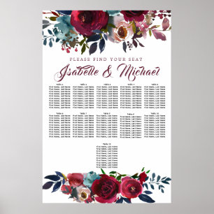 Tableau Mariage à 11 tables de fleurs rouges foncé
