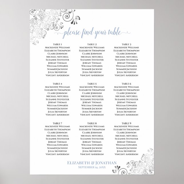 Tableau Mariage à 9 tables blanc et bleu (Devant)