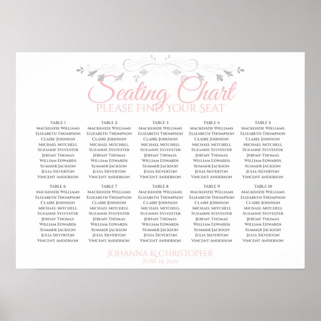 Tableau Mariage de 10 tables rose et gris (Devant)