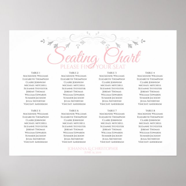 Tableau Mariage de 8 tables rose et gris (Devant)