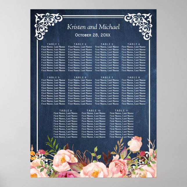 Tableau Mariage Floral Blue Chalkboard (Devant)