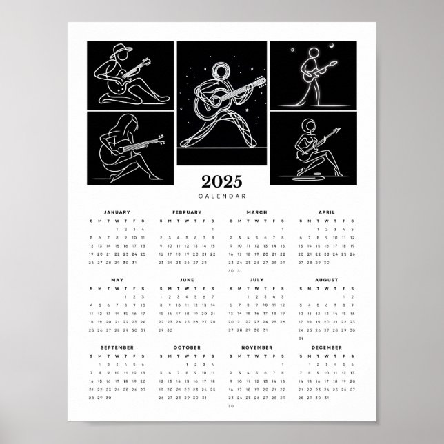 Tableau minimaliste Guitaristes 2025 Calendrier (Devant)