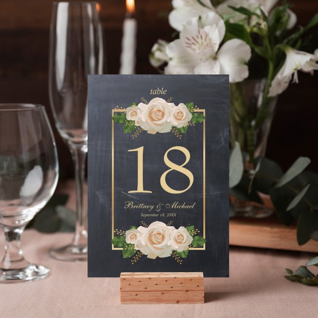 Tableau noir blanc Rose Gold Frame | Cartes de tab (Elegant rustic chalkboard white rose table number card for your wedding reception decor. )
