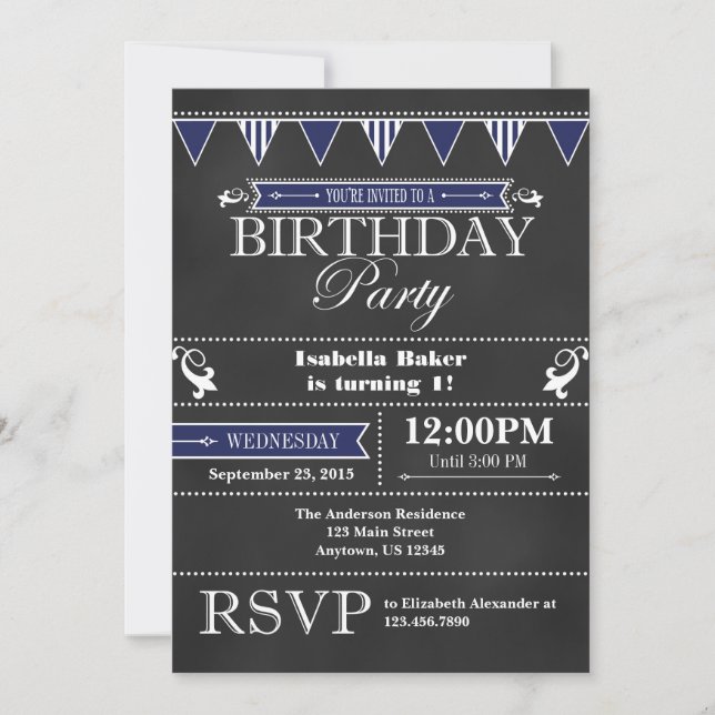 Tableau noir bleu marine Invitation d'anniversaire (Devant)