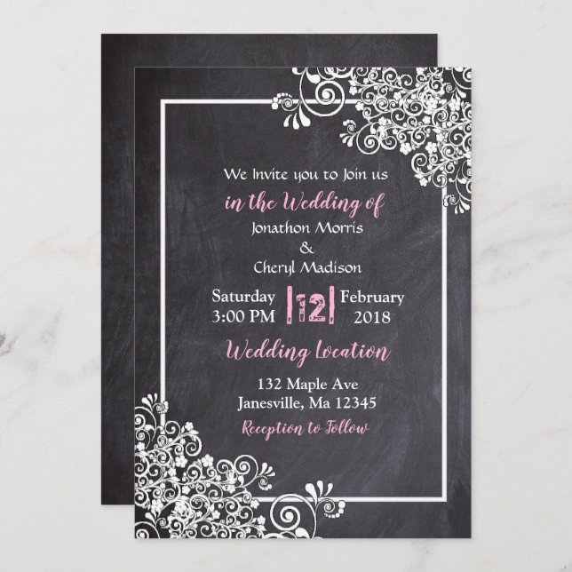 Tableau noir et rose Script de mariage Invitations (Devant / Derrière)