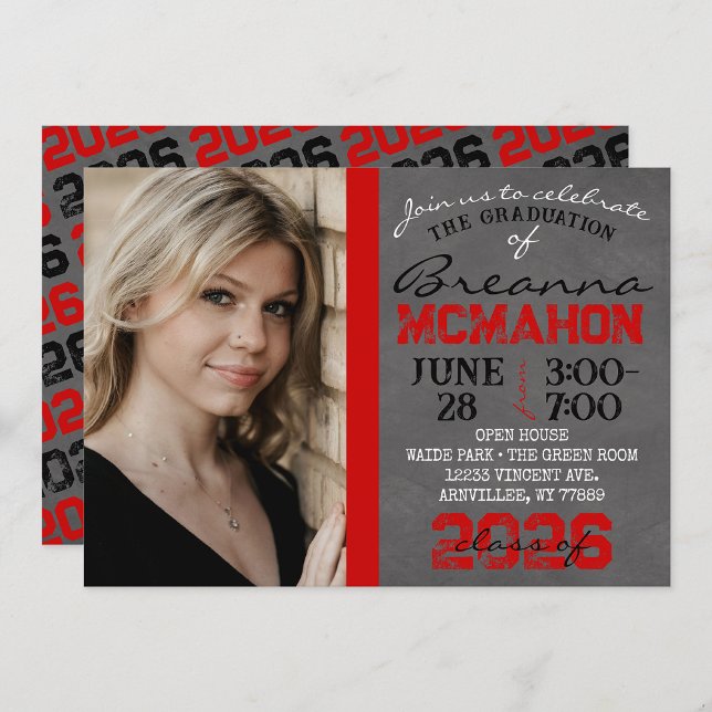Tableau noir et rouge - Diplôme - photo Invitation (Repeating Class Year 1 & 2 Photo Graduation Invitations)