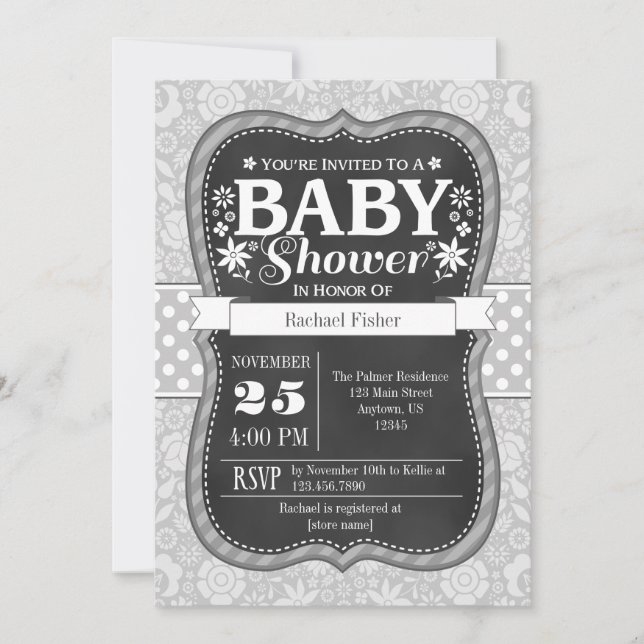 Tableau noir gris Baby shower floral Invitation (Devant)